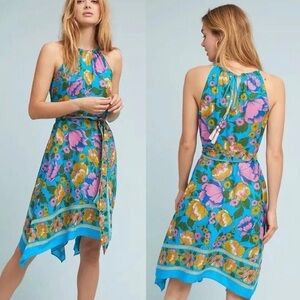 Anthropologie Asymmetrical Floral Dress - Blue and Pink